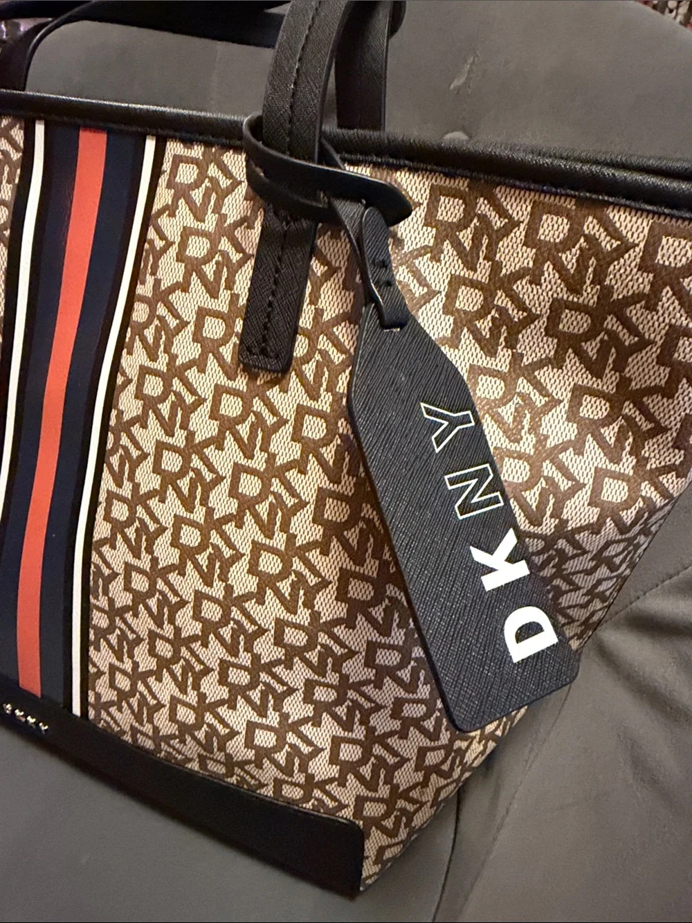 Dkny Brown Logo Tote with Black, Orange and Navy Stripe